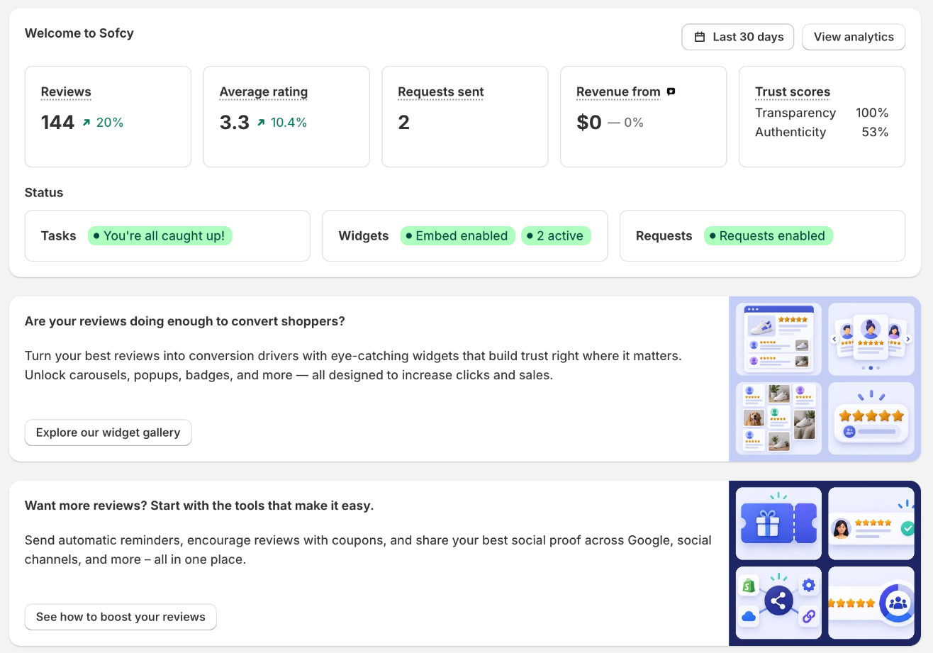 Home page metrics: reviews, average rating, requests sent, revenue and trust scores, with status cards