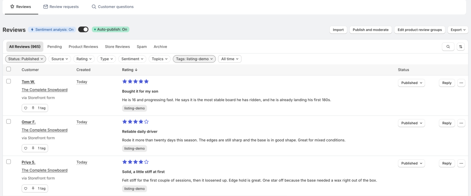 Reviews page with view tabs, filters, and review rows with status menus and Reply buttons