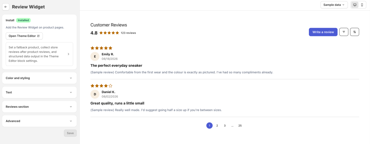 Review Widget customizer with Install card, settings sections and a live preview