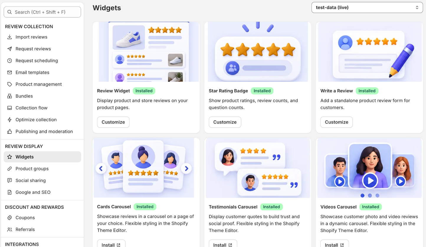 Settings › Widgets gallery with Review Widget, Star Rating Badge, Write a Review and carousel cards